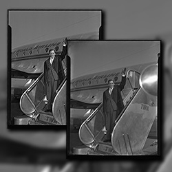 Frank Sinatra waving from the boarding stairs leading to the legendary TWA Lockheed Constellation airliner