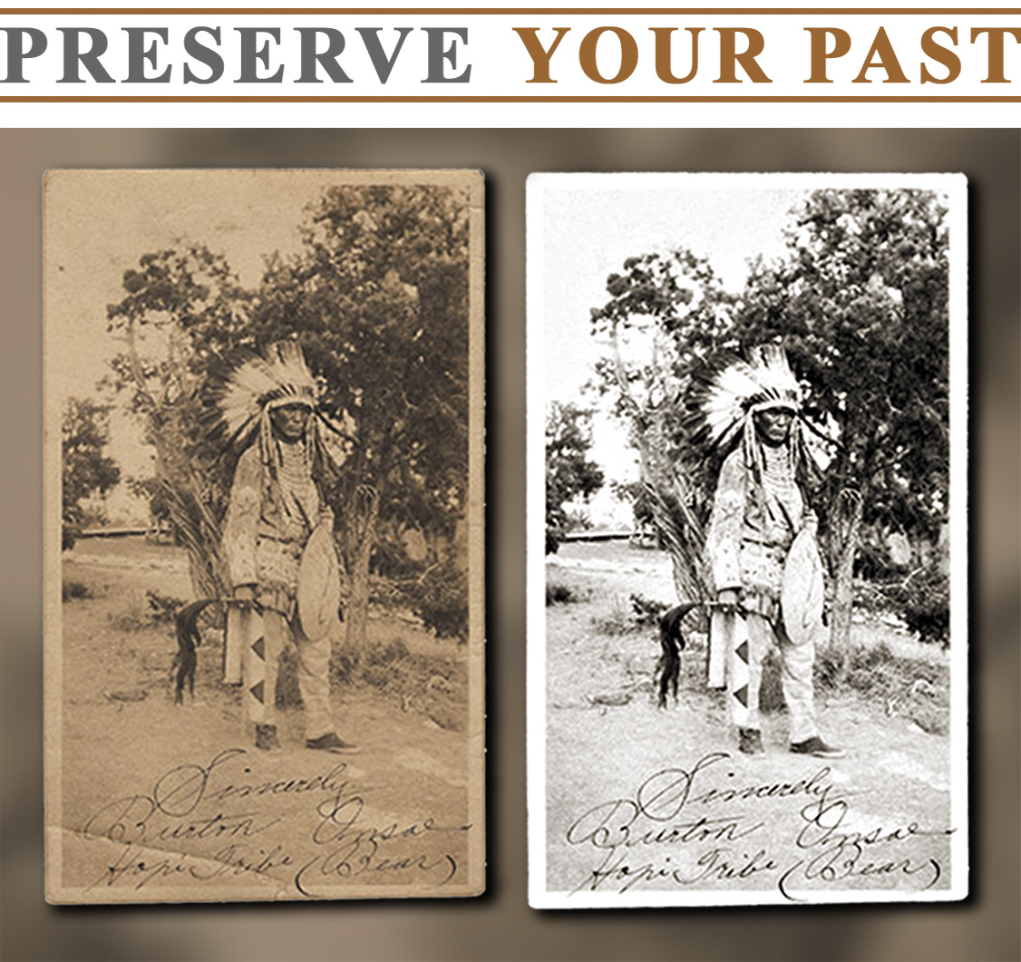1920's signed portrait of Native American warrior of the Hopi Tribe wearing full ceremonial dress was carefully restored to remove all signs of damage and discoloration while preserving the intricate details of the outfit and the war bonnet.